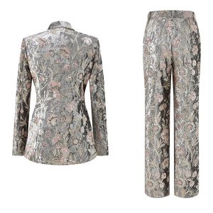 Sparkly Grey 2 Piece Floral Peak Lapel Women Prom Suit - Image 2