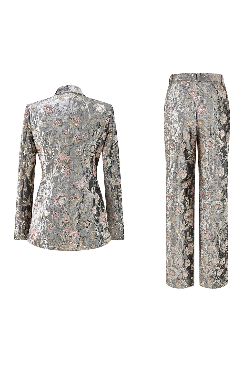 Sparkly Grey 2 Piece Floral Peak Lapel Women Prom Suit - Image 2