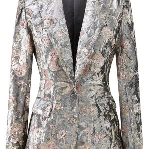 Sparkly Grey 2 Piece Floral Peak Lapel Women Prom Suit - Image 3