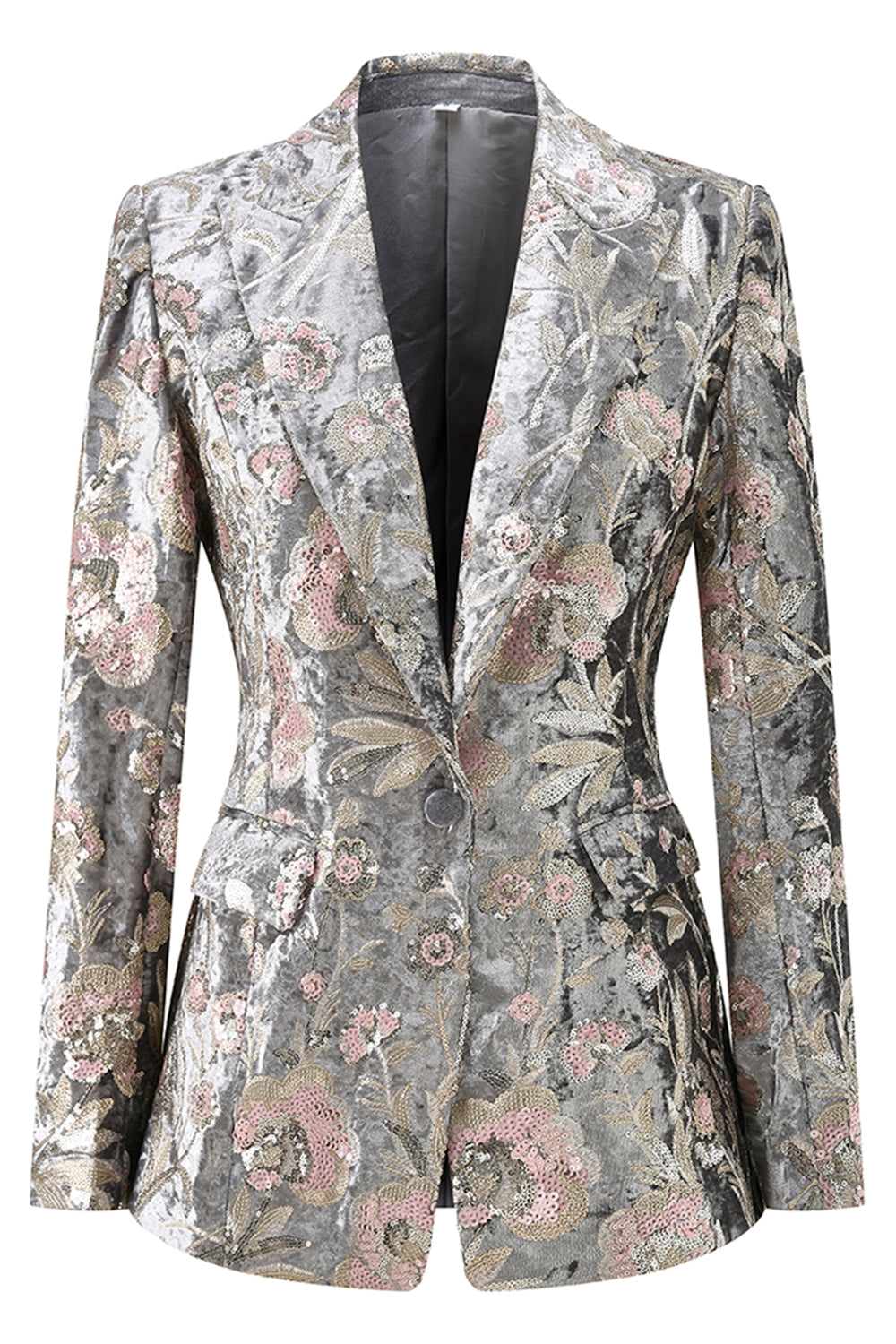 Sparkly Grey 2 Piece Floral Peak Lapel Women Prom Suit - Image 3