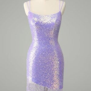 Sparkly Lilac Bodycon Sequins Mini Dress with Tassels - Image 1