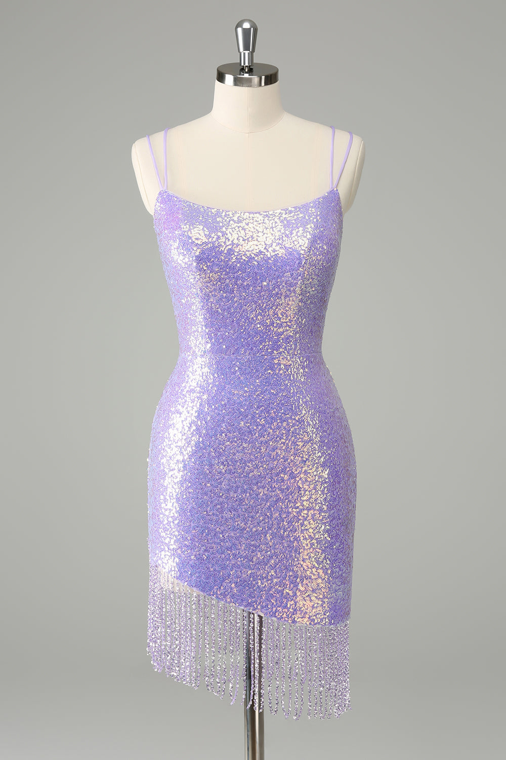 Sparkly Lilac Bodycon Sequins Mini Dress with Tassels - Image 1