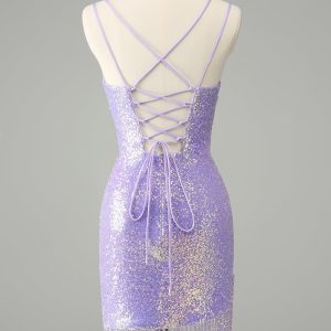 Sparkly Lilac Bodycon Sequins Mini Dress with Tassels - Image 2