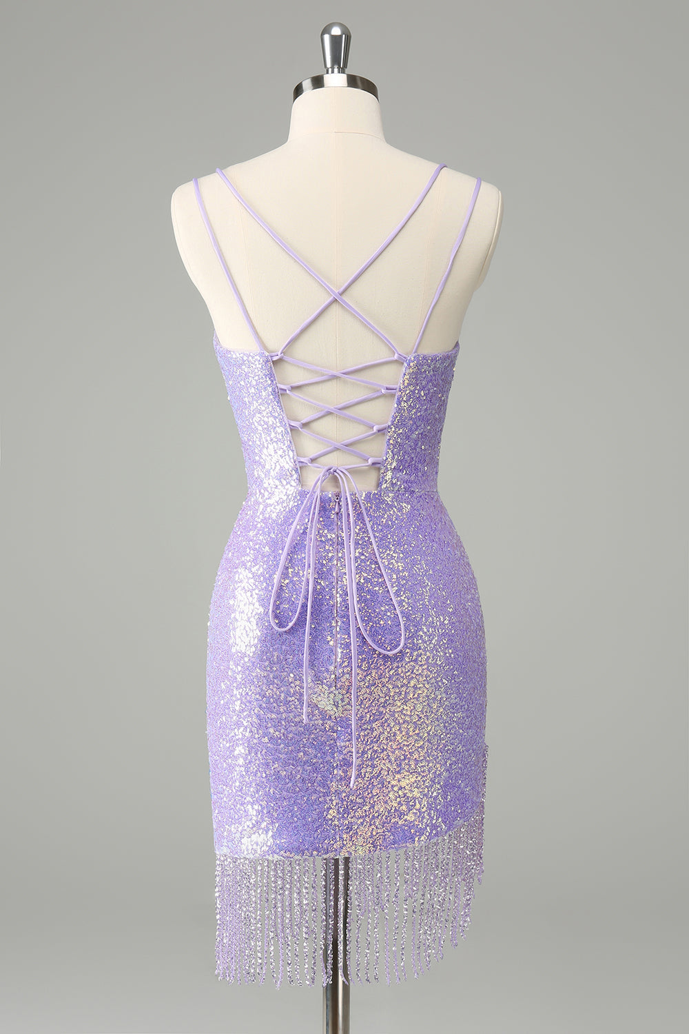 Sparkly Lilac Bodycon Sequins Mini Dress with Tassels - Image 2