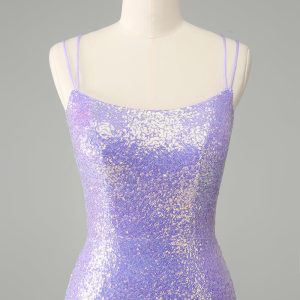 Sparkly Lilac Bodycon Sequins Mini Dress with Tassels - Image 4
