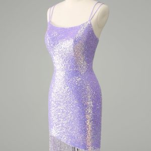 Sparkly Lilac Bodycon Sequins Mini Dress with Tassels - Image 3
