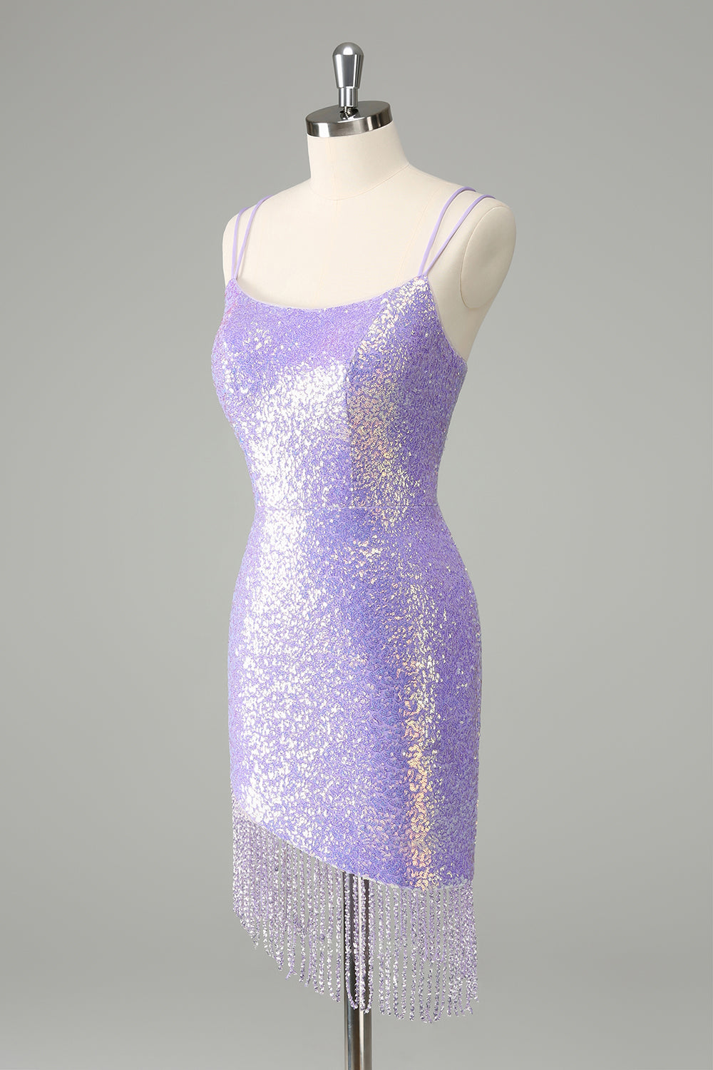 Sparkly Lilac Bodycon Sequins Mini Dress with Tassels - Image 3