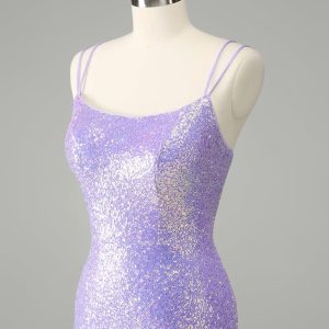 Sparkly Lilac Bodycon Sequins Mini Dress with Tassels - Image 6