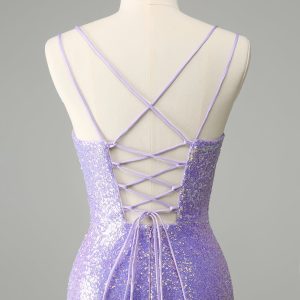 Sparkly Lilac Bodycon Sequins Mini Dress with Tassels - Image 5