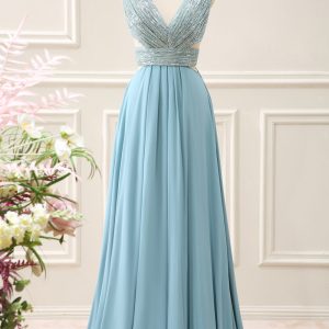Sparkly Grey Green A Line V Neck Sequined Maxi Dress - Image 1