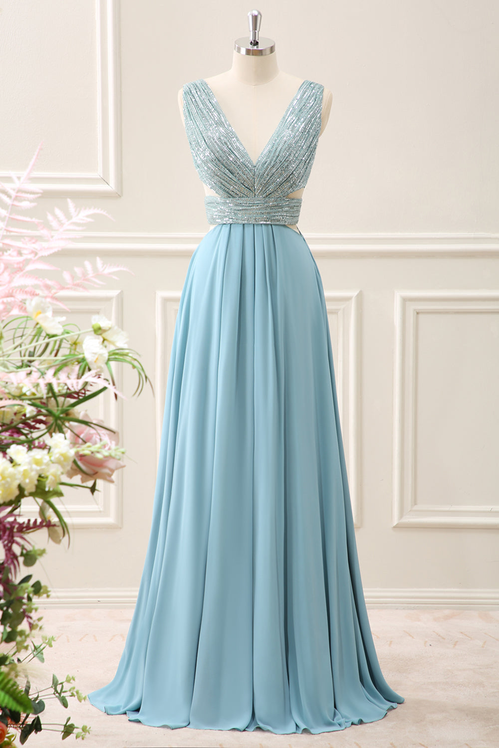 Sparkly Grey Green A Line V Neck Sequined Maxi Dress - Image 1