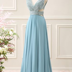 Sparkly Grey Green A Line V Neck Sequined Maxi Dress - Image 3