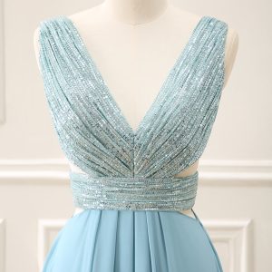 Sparkly Grey Green A Line V Neck Sequined Maxi Dress - Image 4