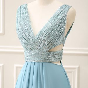 Sparkly Grey Green A Line V Neck Sequined Maxi Dress - Image 6