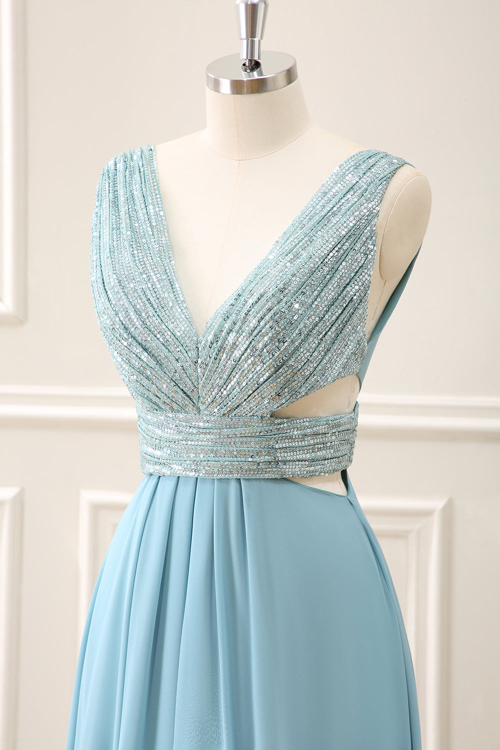 Sparkly Grey Green A Line V Neck Sequined Maxi Dress - Image 6