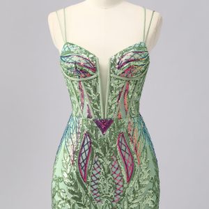 Sparkly Green Corset Tight Homecoming Dress with Lace-up Back - Image 1