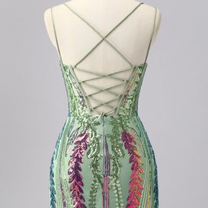 Sparkly Green Corset Tight Homecoming Dress with Lace-up Back - Image 2