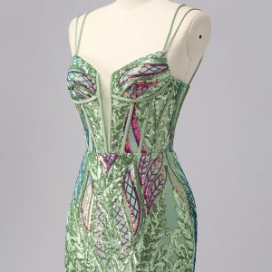 Sparkly Green Corset Tight Homecoming Dress with Lace-up Back - Image 3