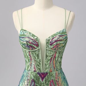 Sparkly Green Corset Tight Homecoming Dress with Lace-up Back - Image 4
