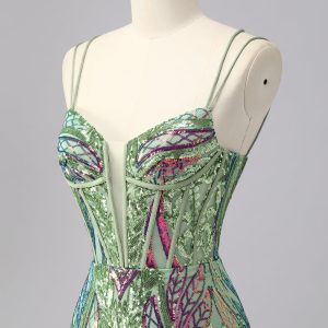 Sparkly Green Corset Tight Homecoming Dress with Lace-up Back - Image 6