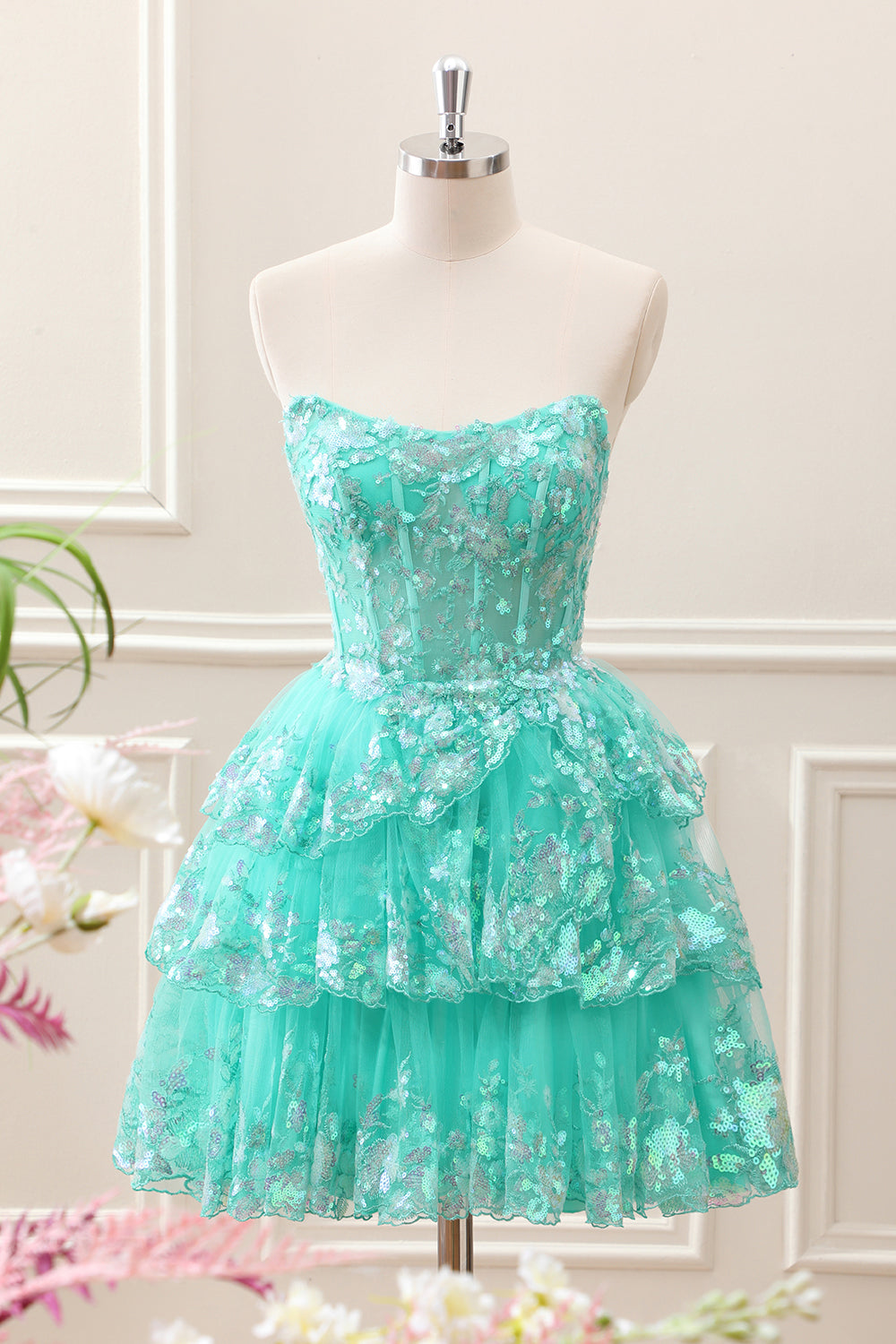 Sparkly Green A Line Sequined Corset Tiered Tulle Strapless Mini Dress - Image 1