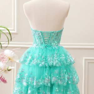 Sparkly Green A Line Sequined Corset Tiered Tulle Strapless Mini Dress - Image 2