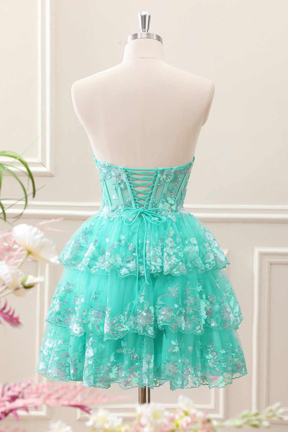 Sparkly Green A Line Sequined Corset Tiered Tulle Strapless Mini Dress - Image 2