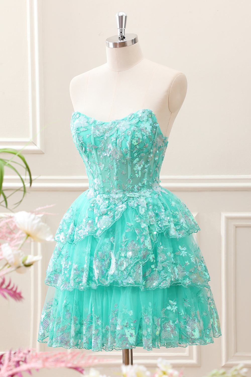 Sparkly Green A Line Sequined Corset Tiered Tulle Strapless Mini Dress - Image 3