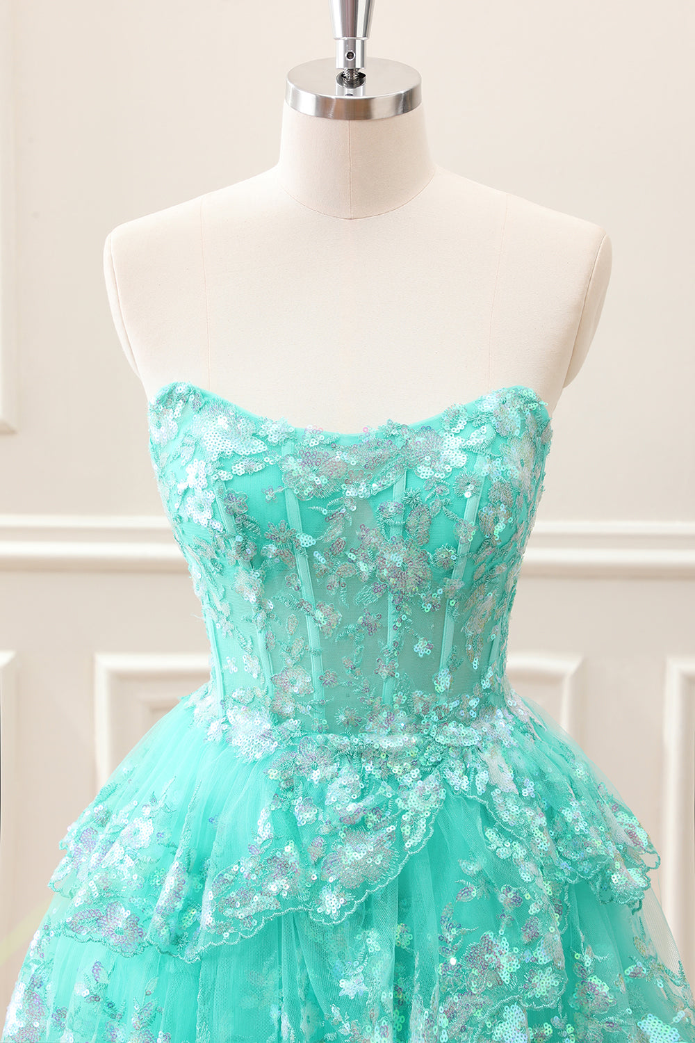 Sparkly Green A Line Sequined Corset Tiered Tulle Strapless Mini Dress - Image 4