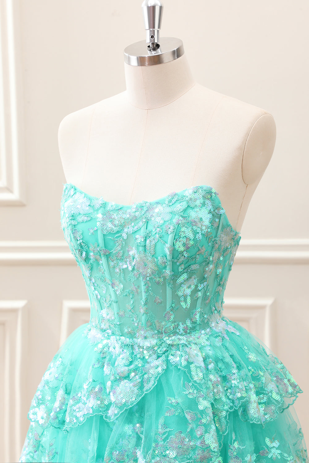 Sparkly Green A Line Sequined Corset Tiered Tulle Strapless Mini Dress - Image 6