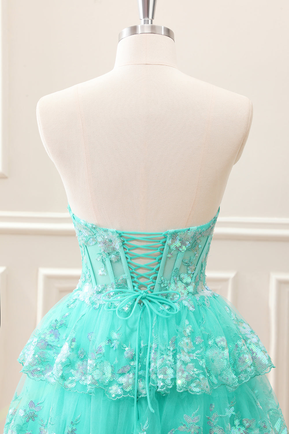 Sparkly Green A Line Sequined Corset Tiered Tulle Strapless Mini Dress - Image 5