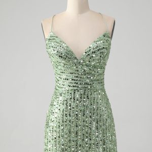 Sparkly Green Bodycon Sequins Lace Up Mini Dress - Image 1