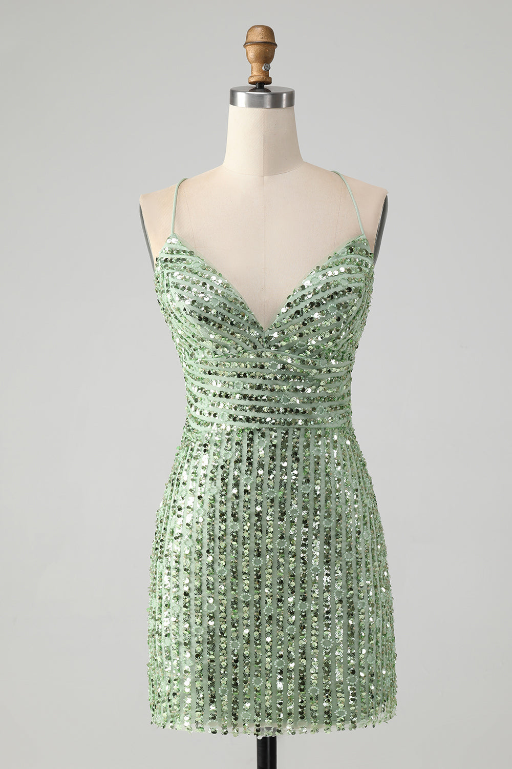 Sparkly Green Bodycon Sequins Lace Up Mini Dress - Image 1