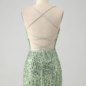 Sparkly Green Bodycon Sequins Lace Up Mini Dress - Image 2