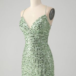 Sparkly Green Bodycon Sequins Lace Up Mini Dress - Image 3