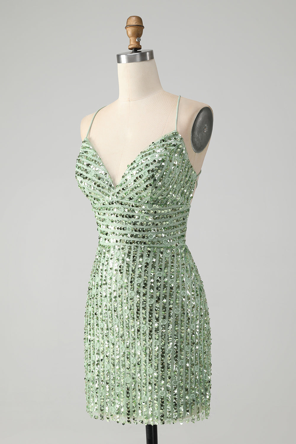 Sparkly Green Bodycon Sequins Lace Up Mini Dress - Image 3