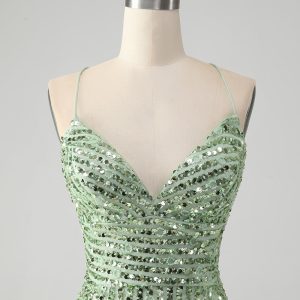 Sparkly Green Bodycon Sequins Lace Up Mini Dress - Image 4