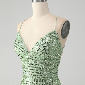 Sparkly Green Bodycon Sequins Lace Up Mini Dress - Image 6