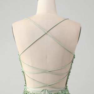 Sparkly Green Bodycon Sequins Lace Up Mini Dress - Image 5