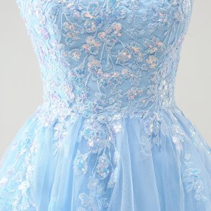 Sparkly Lilac A Line Sequined Pleated Floral Appliques Mini Dress - Image 16