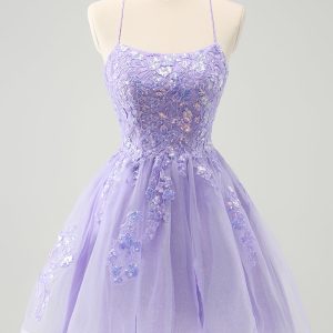 Sparkly Lilac A Line Sequined Pleated Floral Appliques Mini Dress - Image 3