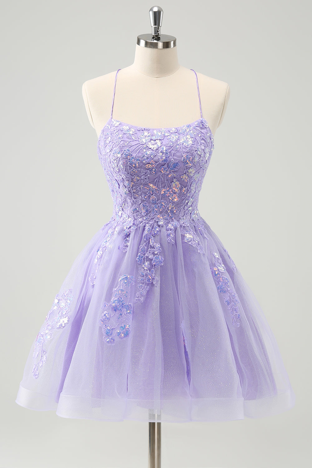 Sparkly Lilac A Line Sequined Pleated Floral Appliques Mini Dress - Image 3