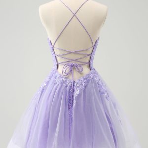 Sparkly Lilac A Line Sequined Pleated Floral Appliques Mini Dress - Image 4