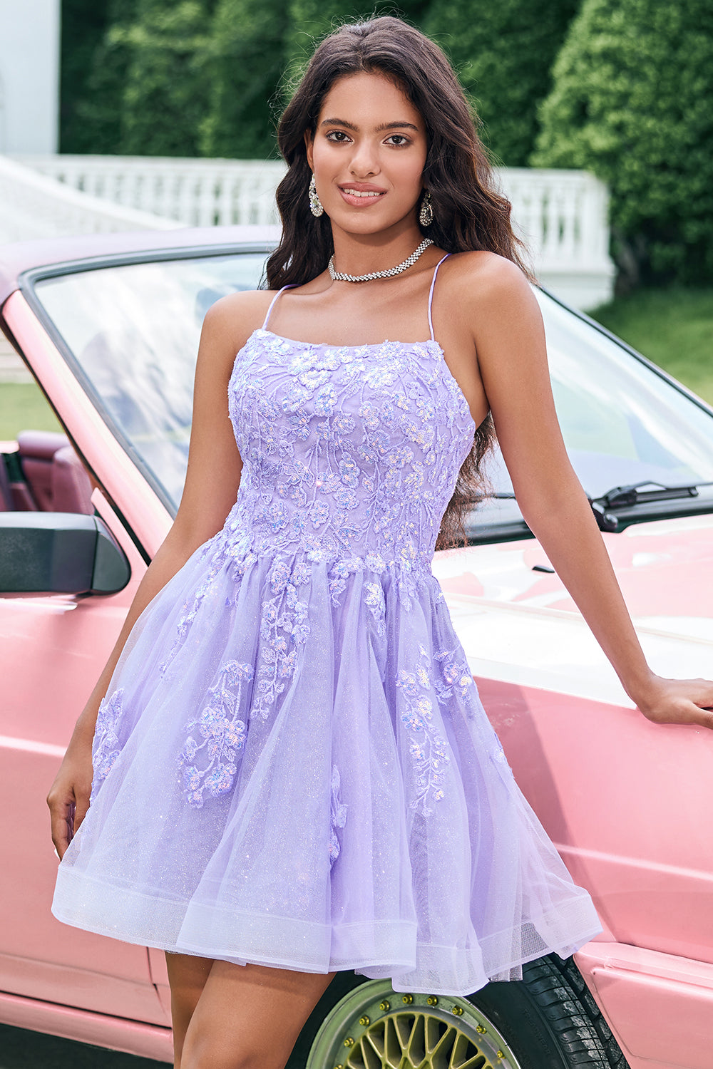 Sparkly Lilac A Line Sequined Pleated Floral Appliques Mini Dress - Image 5