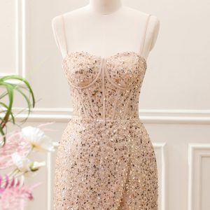 Sparkly Golden Sequined Corset Tight Spaghetti Straps Mini Dress - Image 1
