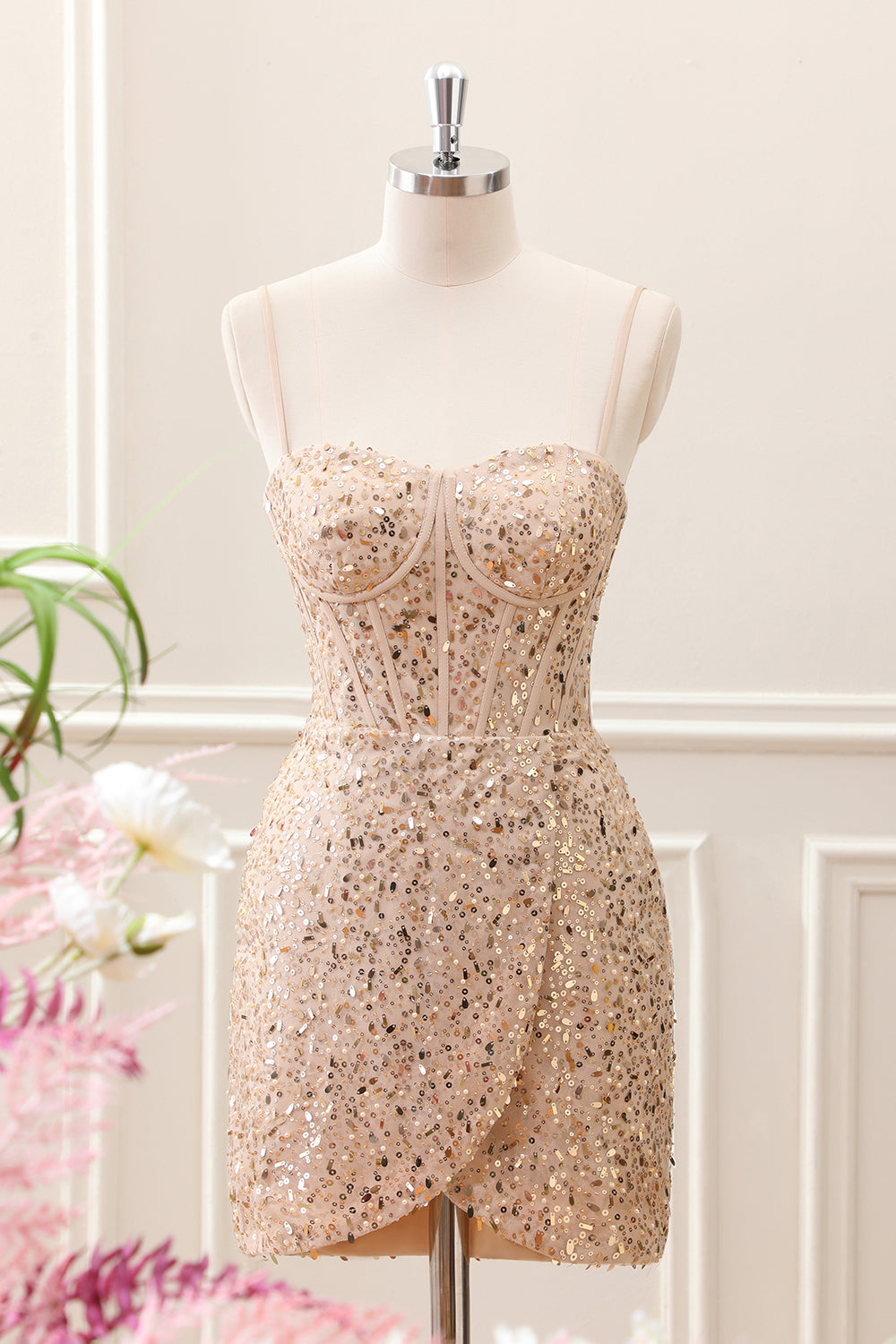 Sparkly Golden Sequined Corset Tight Spaghetti Straps Mini Dress - Image 1