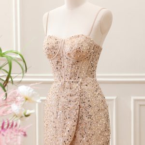 Sparkly Golden Sequined Corset Tight Spaghetti Straps Mini Dress - Image 3