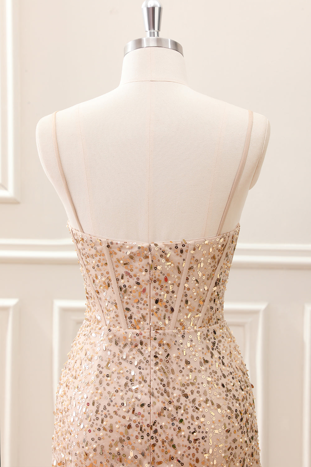 Sparkly Golden Sequined Corset Tight Spaghetti Straps Mini Dress - Image 5