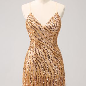 Sparkly Hot Pink Tight Sequins V Neck Mini Dress with Fringes - Image 8