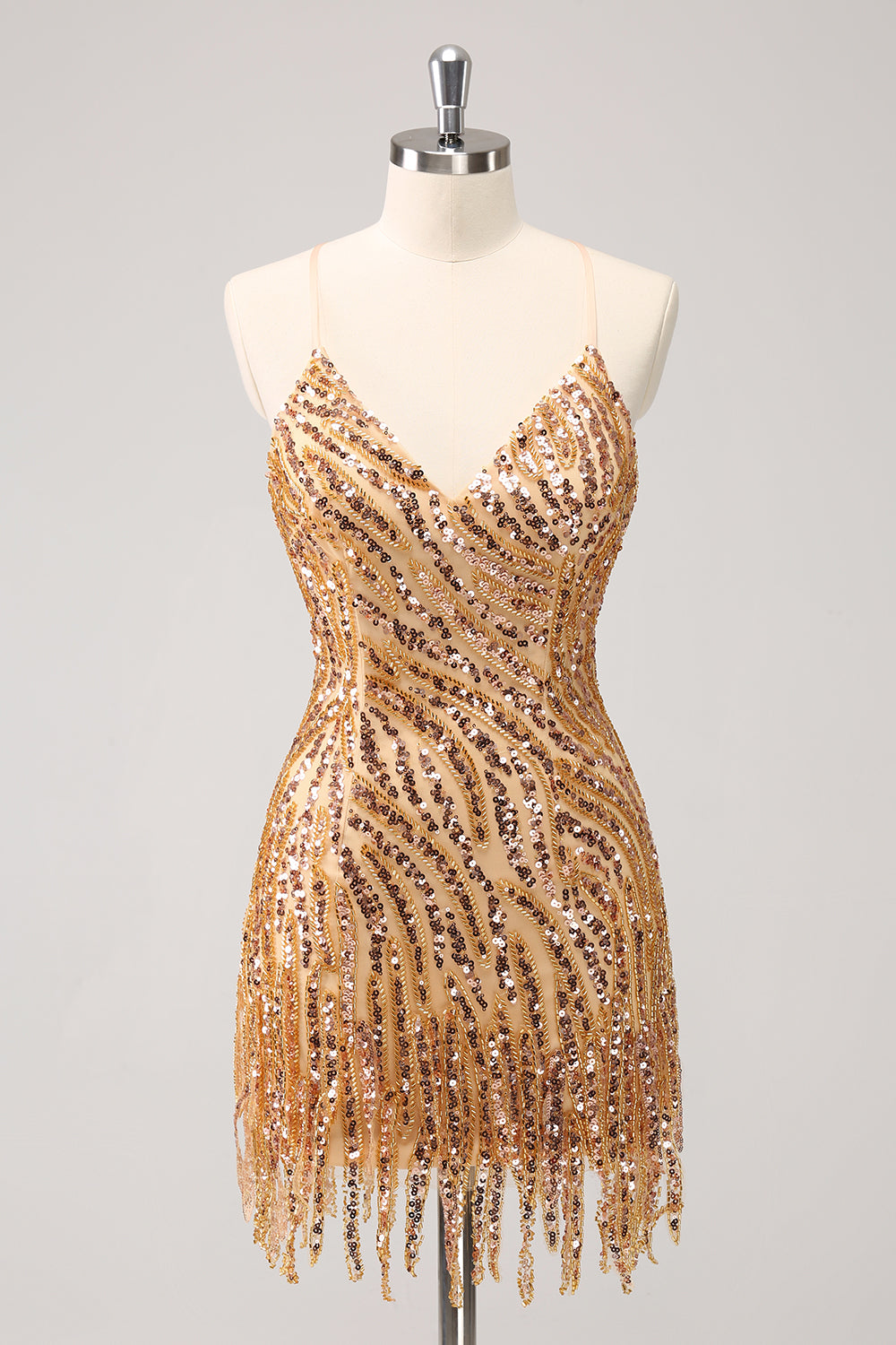 Sparkly Hot Pink Tight Sequins V Neck Mini Dress with Fringes - Image 8